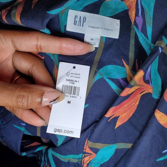 NEW Gap Men's Button-Down Shirt Medium Blue Pink Hawaiian Short Sleeve Cotton - Picture 6 of 7